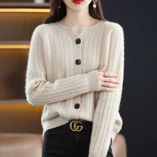 Cable Knit Relaxed Fit Wool Cardigan Sweater 