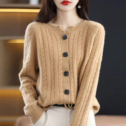 Women’s Cardigan Sweater – Wool Knit – Relaxed Fit – Cable Knit – Button Front – Ribbed Hem