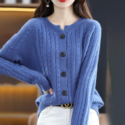Women’s Cardigan Sweater – Wool Knit – Relaxed Fit – Cable Knit – Button Front – Ribbed Hem