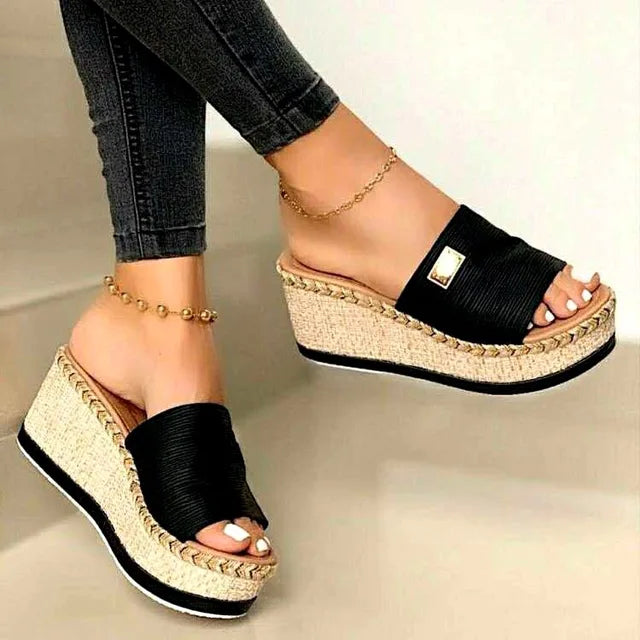 Women's Platform Sandals - Woven Jute Wedge Heel - Open Toe Slip-On Casual Wear