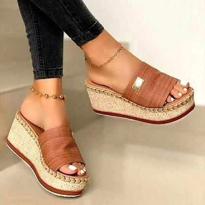 Women's Platform Sandals - Woven Jute Wedge Heel - Open Toe Slip-On Casual Wear