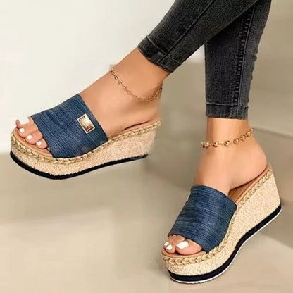 Women's Platform Sandals - Woven Jute Wedge Heel - Open Toe Slip-On Casual Wear