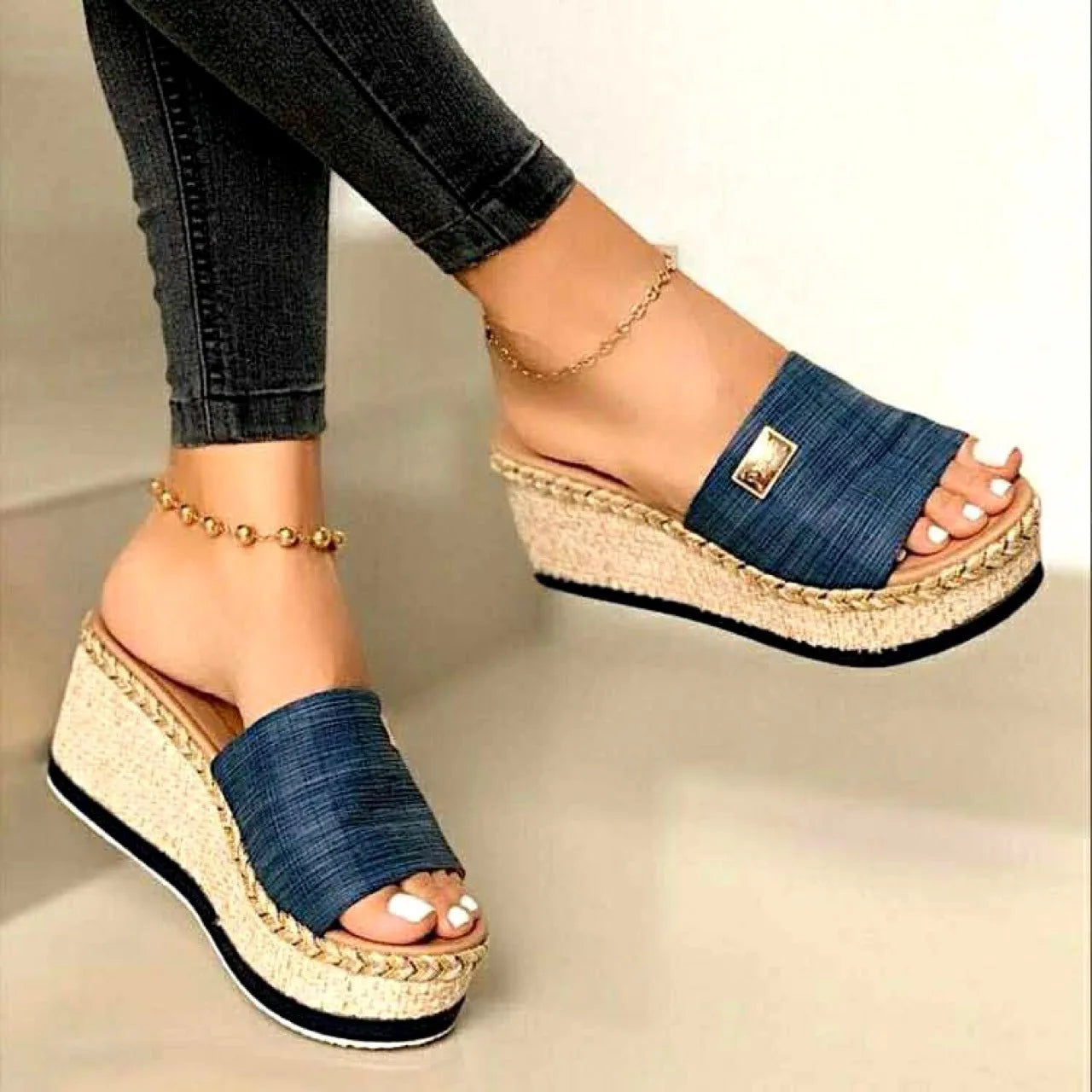 Women's Platform Sandals - Woven Jute Wedge Heel - Open Toe Slip-On Casual Wear