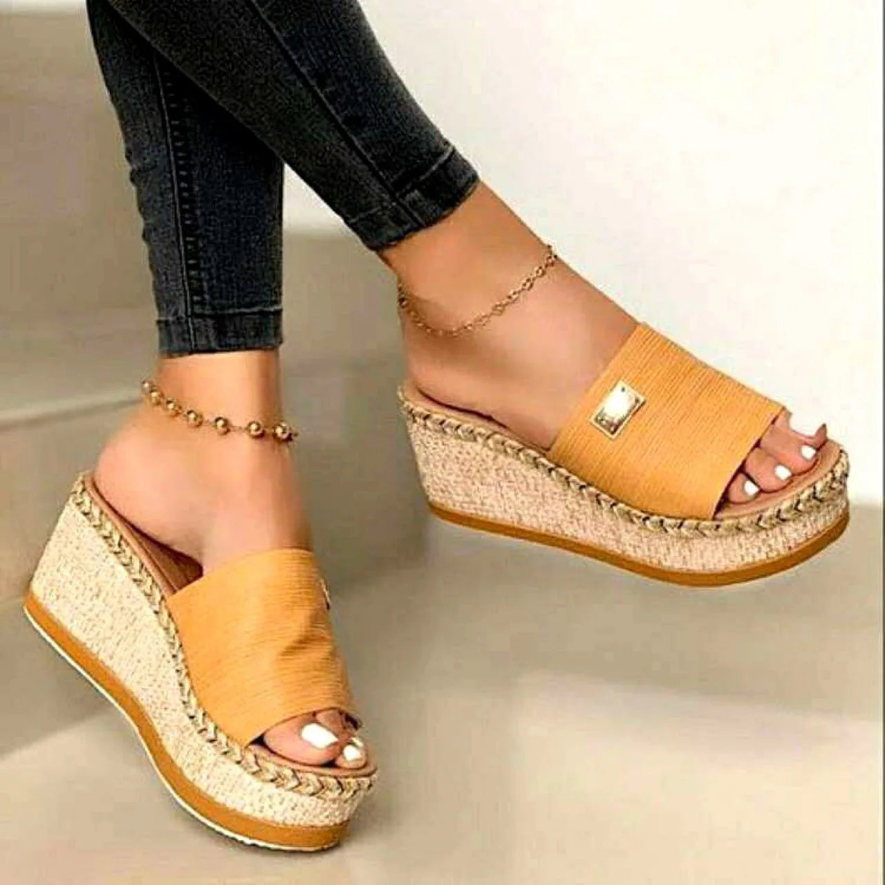 Women's Platform Sandals - Woven Jute Wedge Heel - Open Toe Slip-On Casual Wear