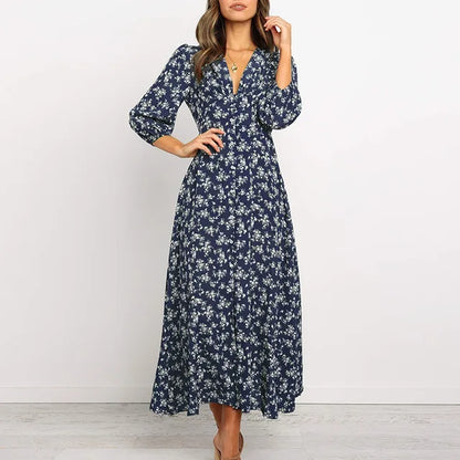 Women's Floral Maxi Dress - V-Neck - Three-Quarter Sleeves - Cinched Waist - Flowy Fit