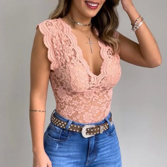 Lace Sheer V-Neck Slim Fit Bodysuit