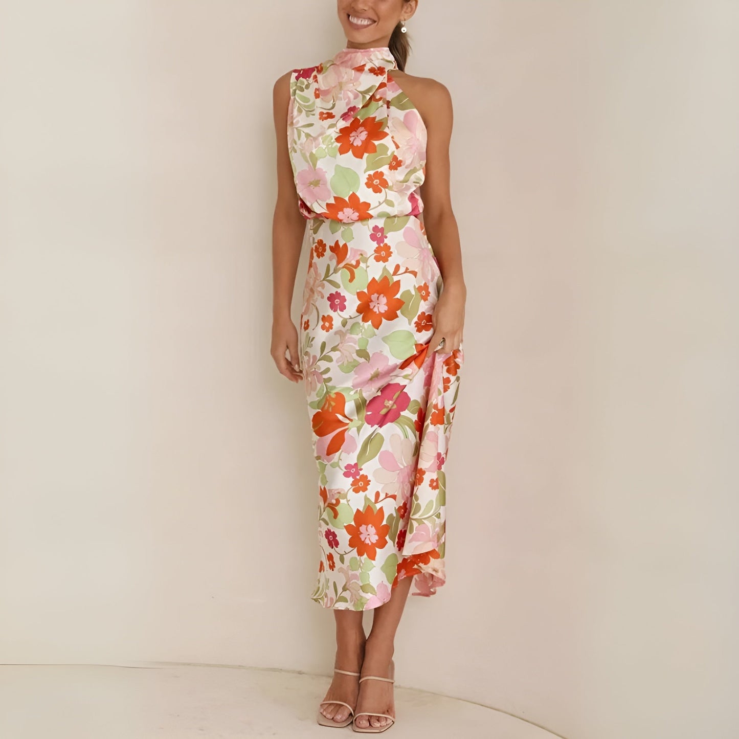 Women's Halter Midi Dress - Draped Asymmetrical Design - Elegant Floral Print