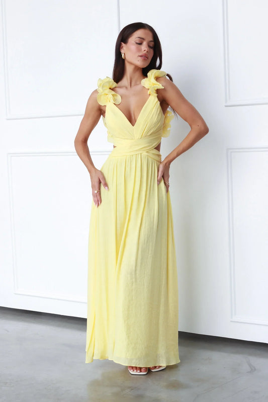 Ruffle Shoulder Flowing Maxi Dress