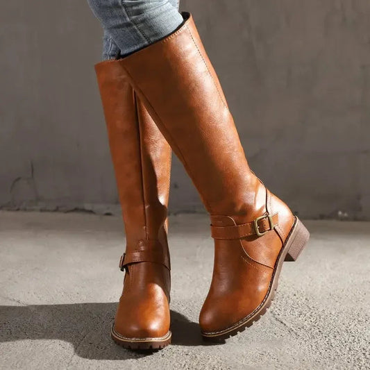 Sleek Buckle Detail Leather-Like Knee-High Boots 
