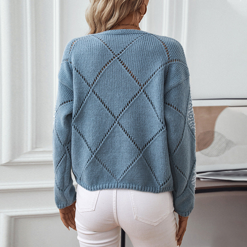 Loose pullover knitted sweater with diamond pattern for women