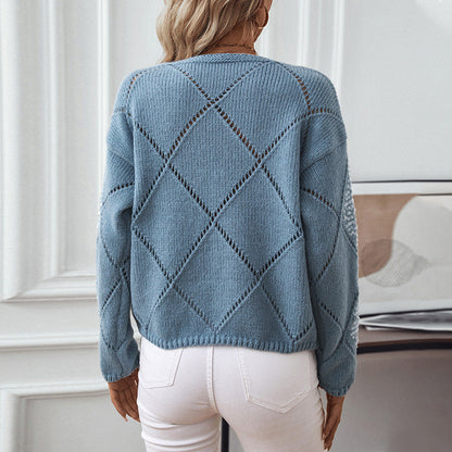Loose pullover knitted sweater with diamond pattern for women
