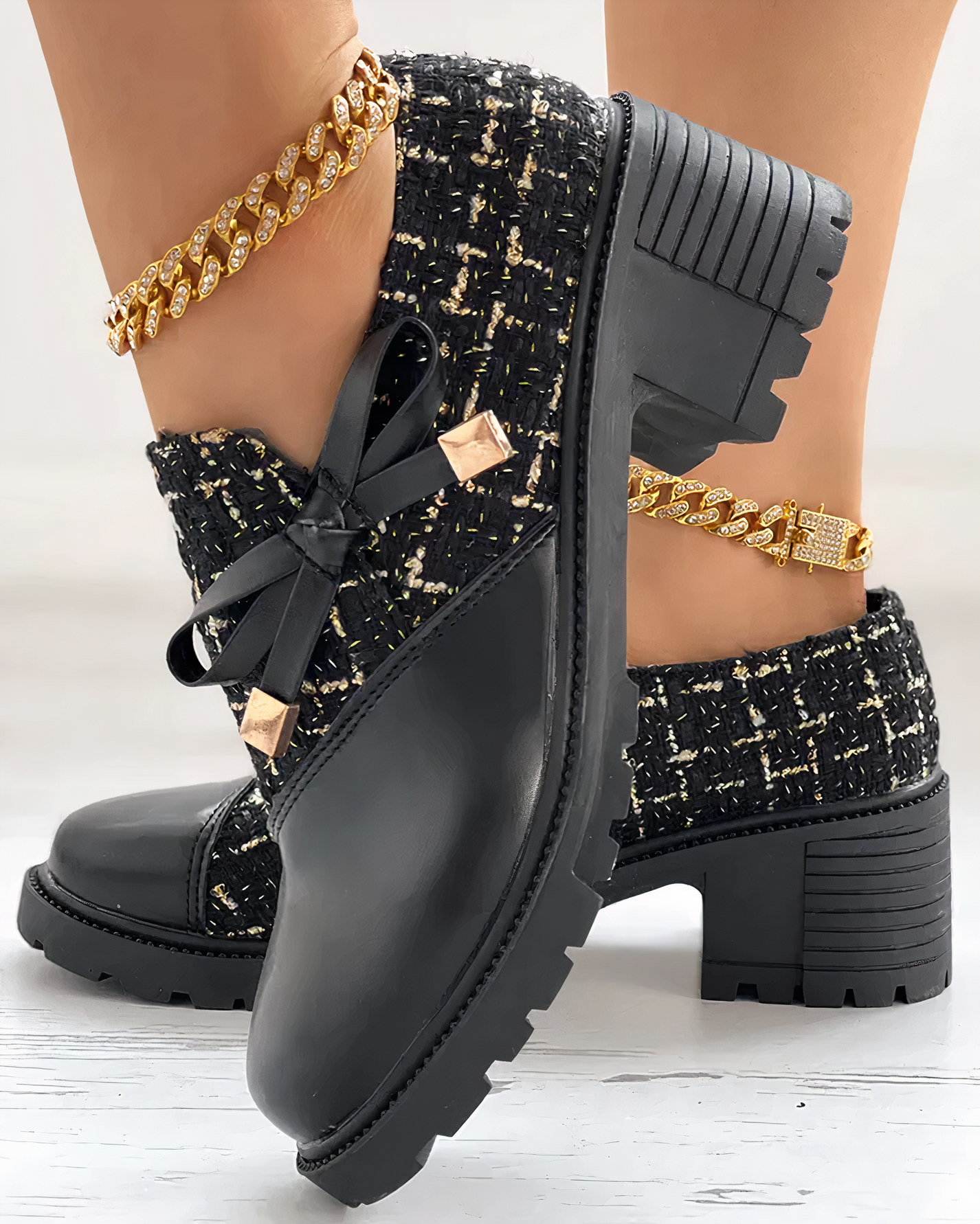 Women's faux leather thick heel shoes with bow