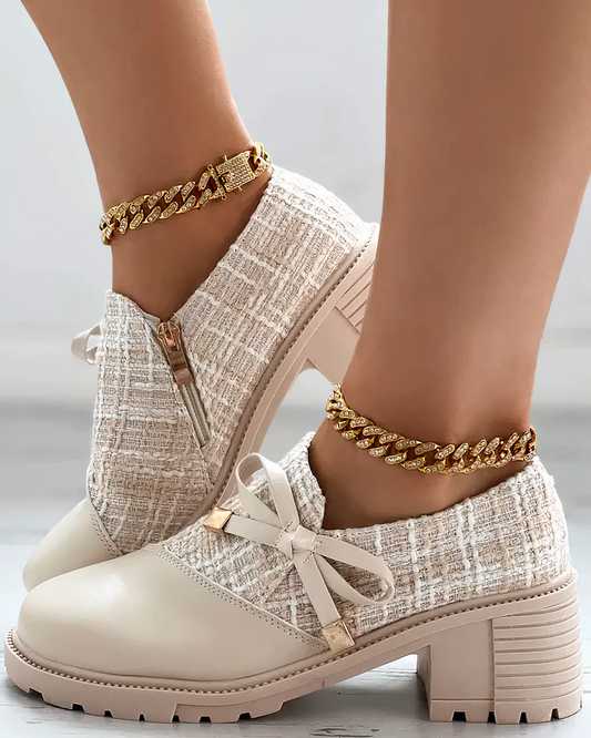Faux Leather Bow Detail Thick Heel Shoes