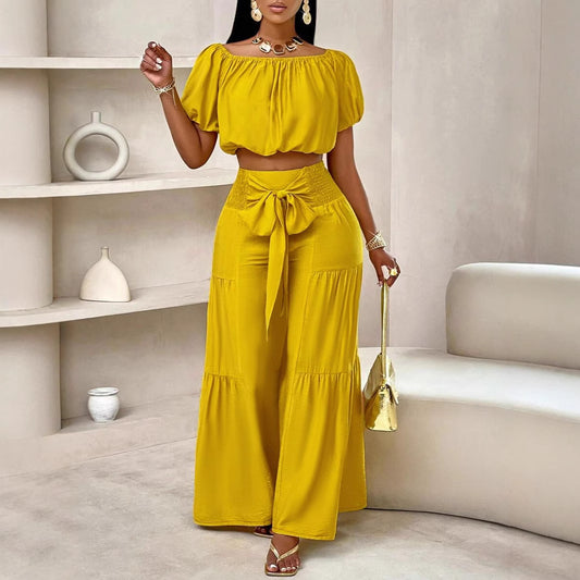 Off-Shoulder Puff Sleeve Crop Top and Pants