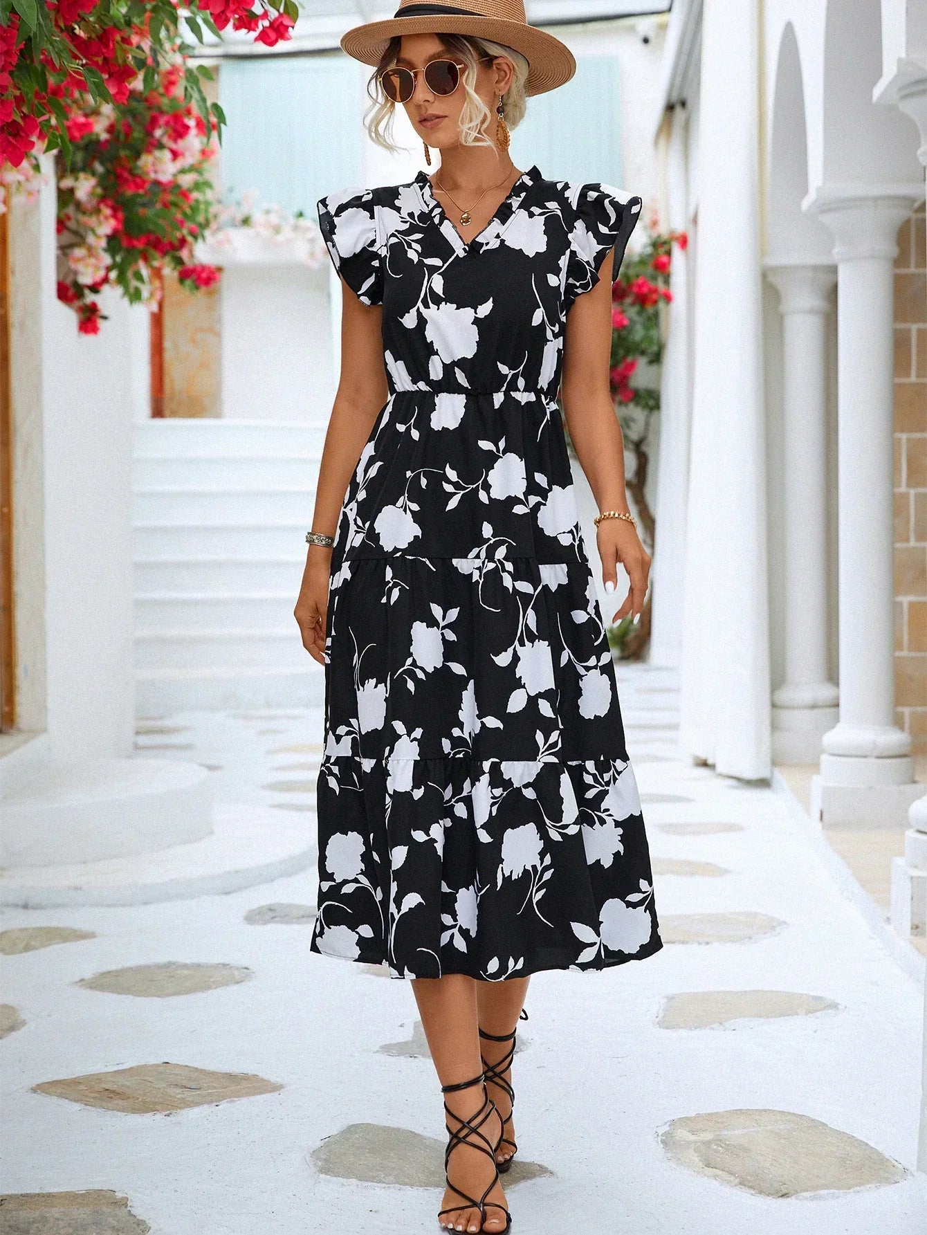 Women's Midi Dress - Floral Print - V-Neck - Flutter Sleeves - Elastic Waist - A-Line