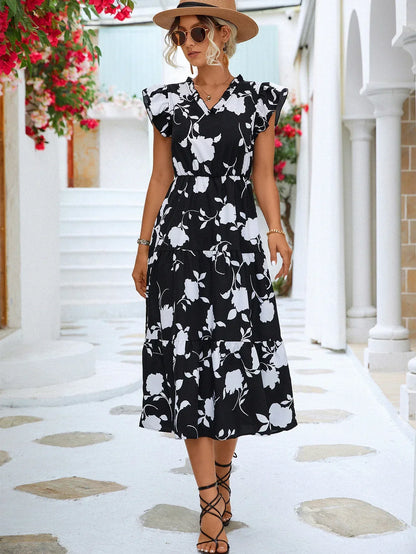 Women's Midi Dress - Floral Print - V-Neck - Flutter Sleeves - Elastic Waist - A-Line