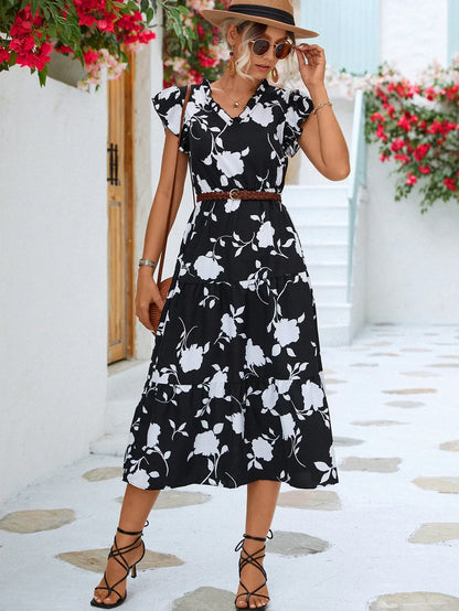 Women's Midi Dress - Floral Print - V-Neck - Flutter Sleeves - Elastic Waist - A-Line