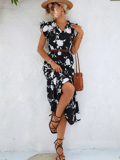 Women's Midi Dress - Floral Print - V-Neck - Flutter Sleeves - Elastic Waist - A-Line