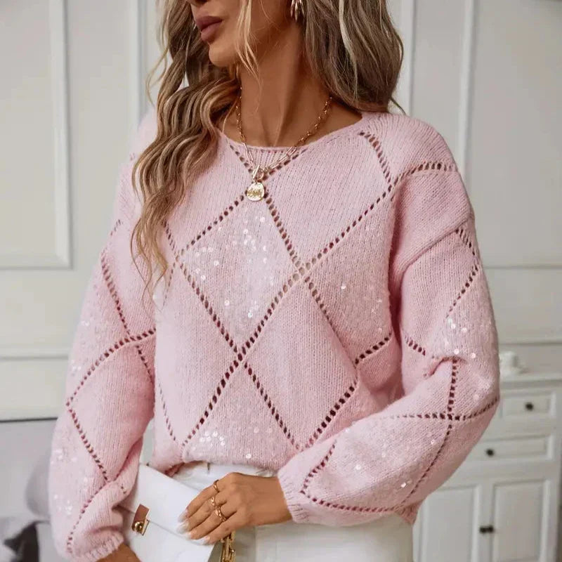 Loose pullover knitted sweater with diamond pattern for women