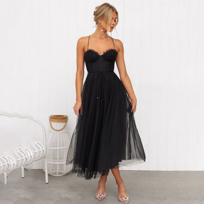 Women's Midi Dress - Sweetheart Neckline - Spaghetti Straps - Tulle A-Line Elegant Fit
