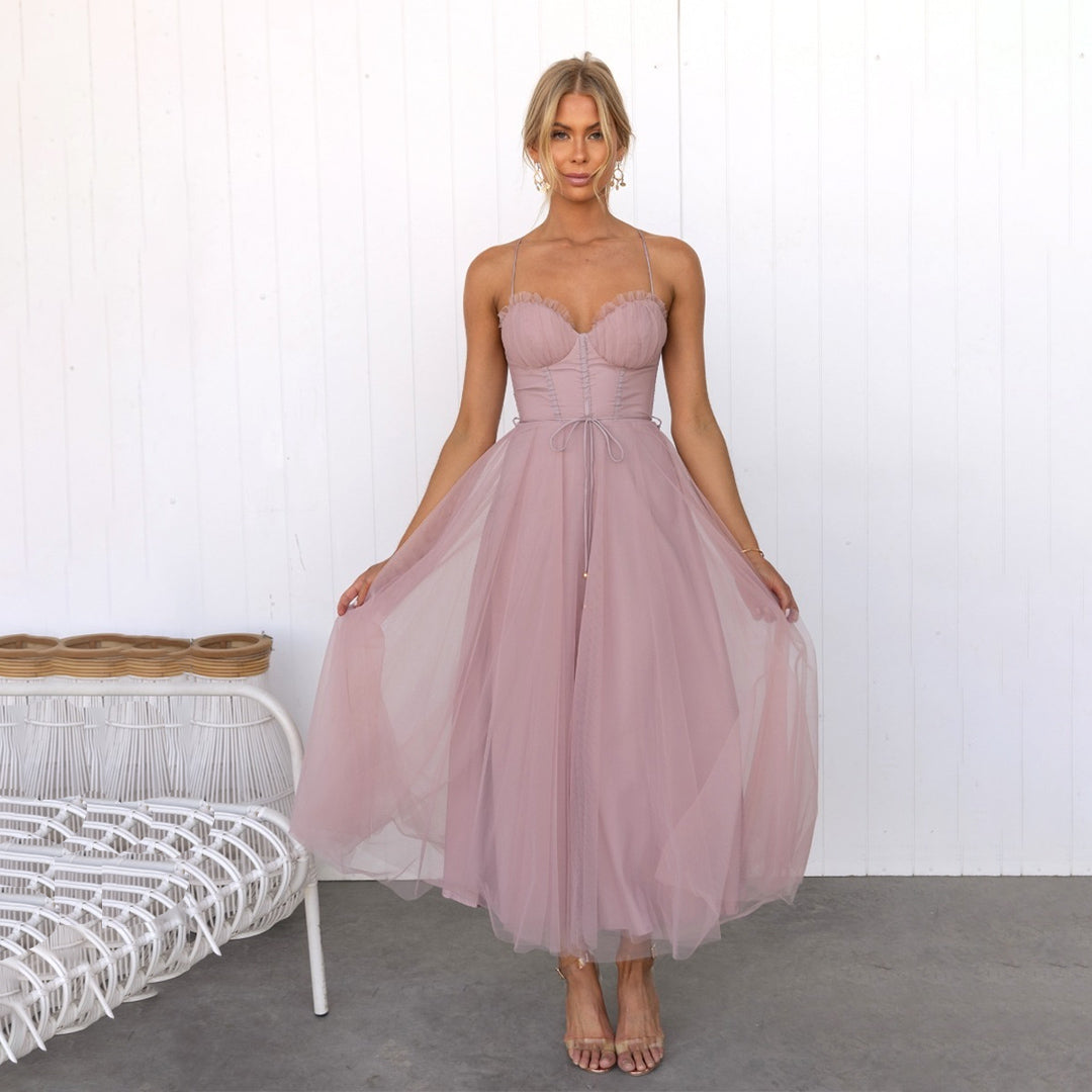 Women's Midi Dress - Sweetheart Neckline - Spaghetti Straps - Tulle A-Line Elegant Fit