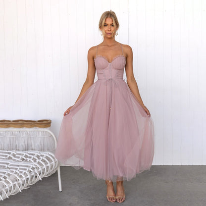 Women's Midi Dress - Sweetheart Neckline - Spaghetti Straps - Tulle A-Line Elegant Fit
