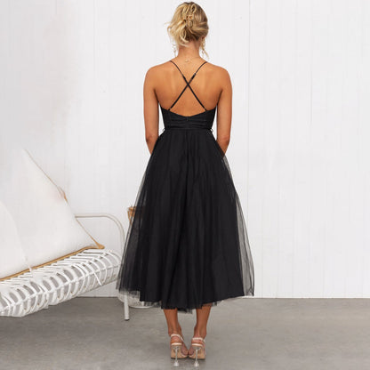 Women's Midi Dress - Sweetheart Neckline - Spaghetti Straps - Tulle A-Line Elegant Fit