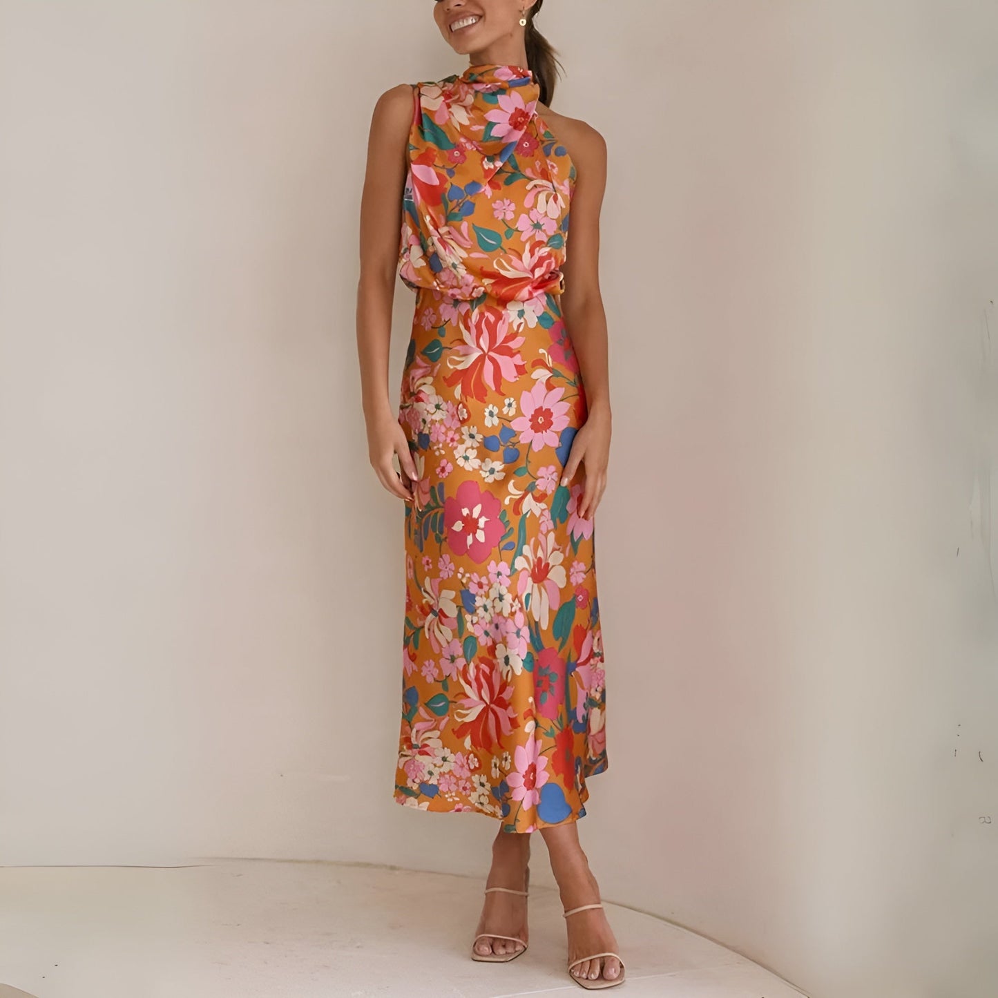 Women's Halter Midi Dress - Draped Asymmetrical Design - Elegant Floral Print
