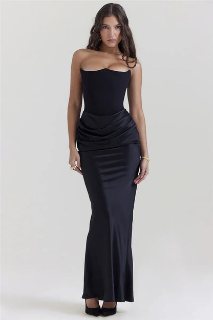 Women's Evening Gown - Strapless Satin - Fitted Silhouette - Ruched Floor-Length