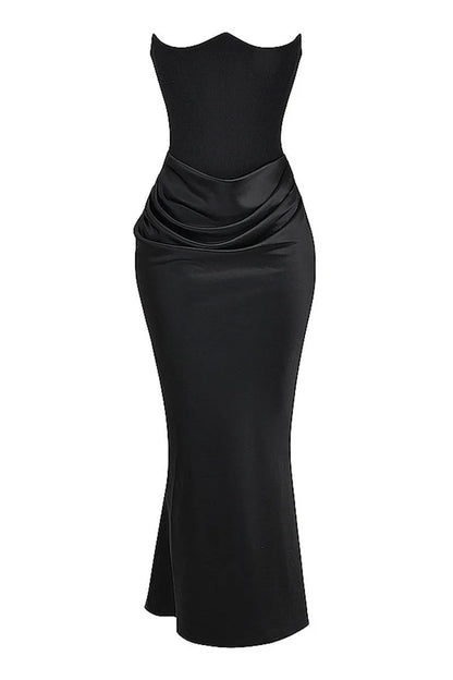 Women's Evening Gown - Strapless Satin - Fitted Silhouette - Ruched Floor-Length