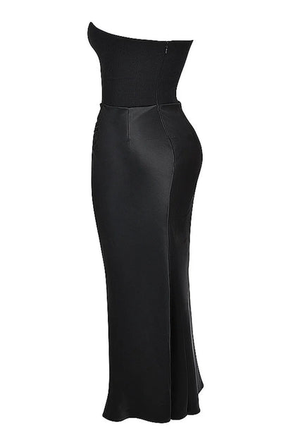 Women's Evening Gown - Strapless Satin - Fitted Silhouette - Ruched Floor-Length