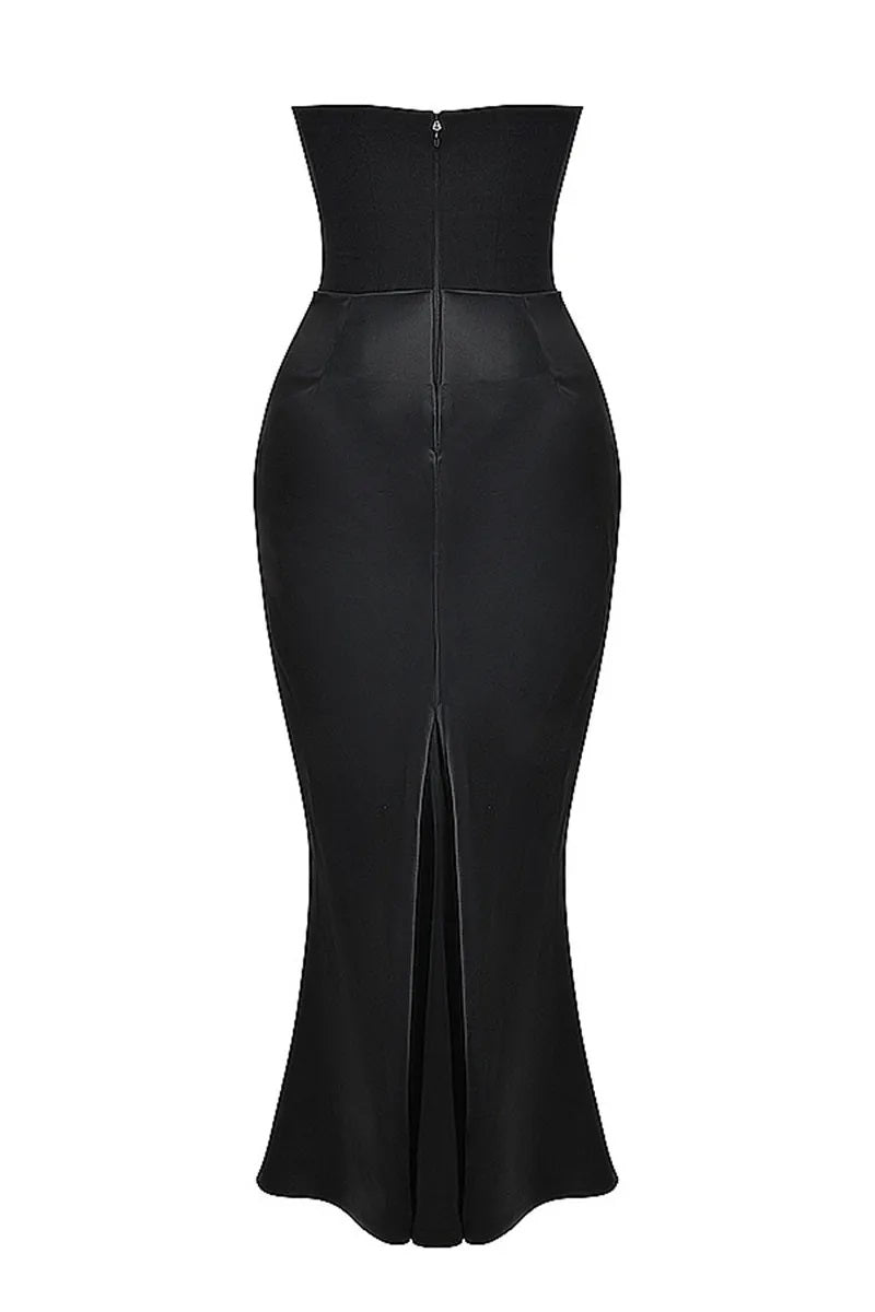 Women's Evening Gown - Strapless Satin - Fitted Silhouette - Ruched Floor-Length