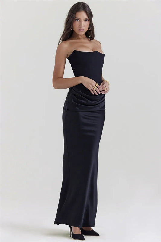 Women's Evening Gown - Strapless Satin - Fitted Silhouette - Ruched Floor-Length
