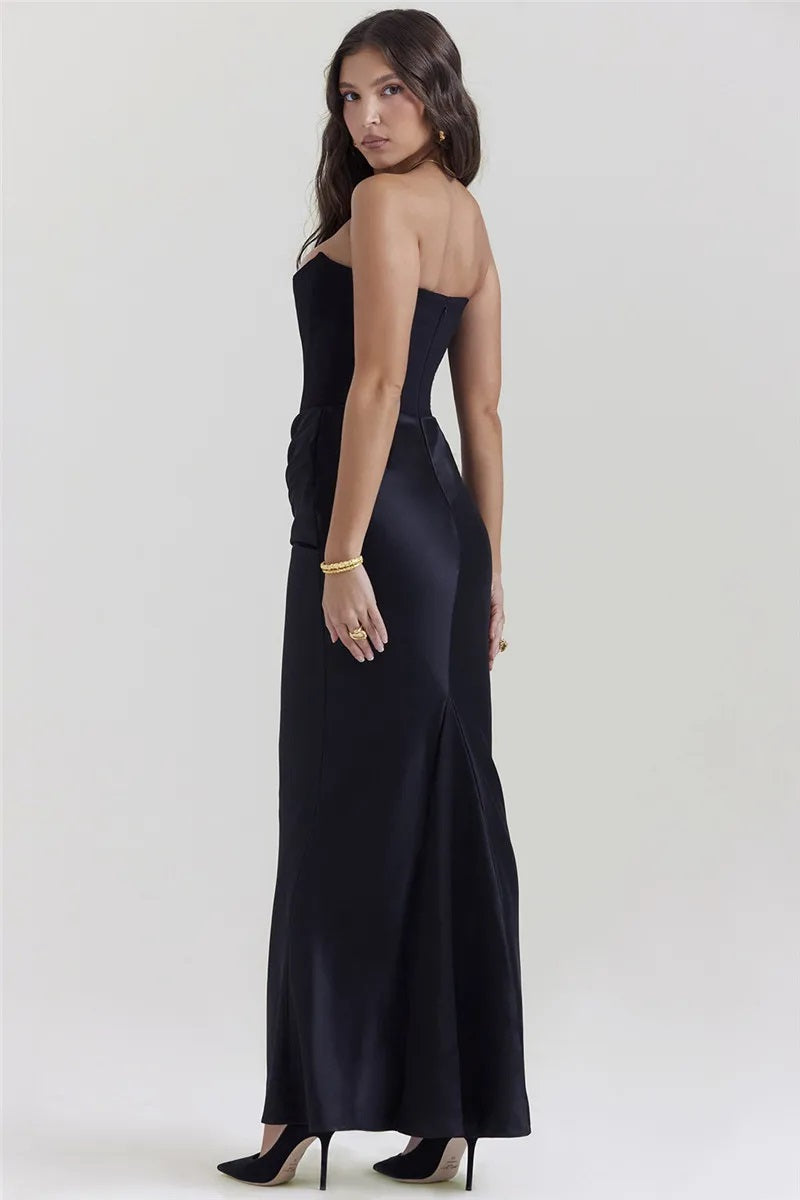 Women's Evening Gown - Strapless Satin - Fitted Silhouette - Ruched Floor-Length