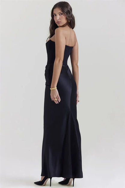 Women's Evening Gown - Strapless Satin - Fitted Silhouette - Ruched Floor-Length