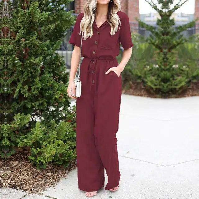 Women's Jumpsuit - Button Down - Short Sleeve - Drawstring Waist - Wide Leg