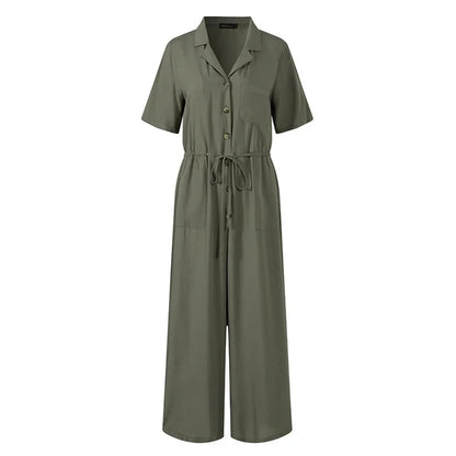 Women's Jumpsuit - Button Down - Short Sleeve - Drawstring Waist - Wide Leg