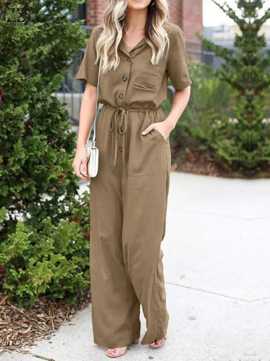 Women's Jumpsuit - Button Down - Short Sleeve - Drawstring Waist - Wide Leg