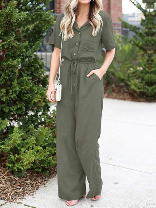 Button Down Wide Leg Drawstring Jumpsuit