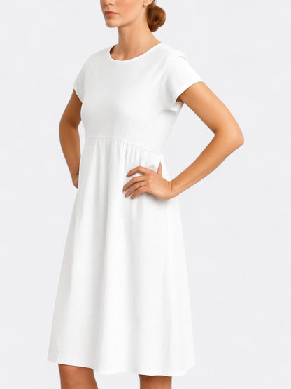 Women’s Midi Dress – A-Line Silhouette – Soft Draping Fabric – Short Sleeve – O Neck