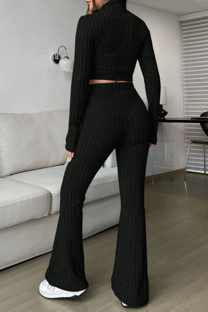 Women's zip long sleeve ribbed crop top and hig-waisted flared pants set