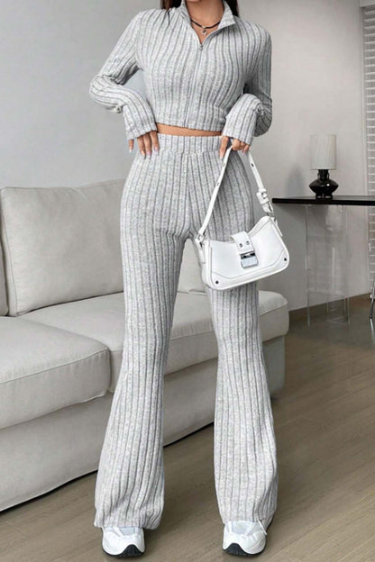 Women's zip long sleeve ribbed crop top and hig-waisted flared pants set