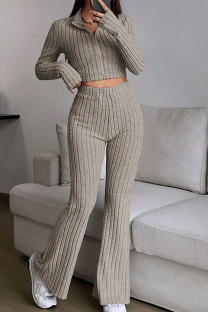 Women's zip long sleeve ribbed crop top and hig-waisted flared pants set