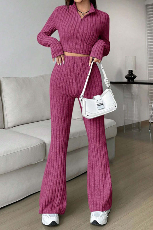 Ribbed Crop Top and Flared Pants Set