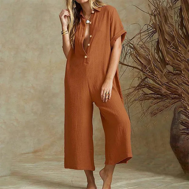 Women's Jumpsuit - Lightweight Cotton - Wide-Leg Cropped - Button-Down Collar