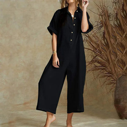 Women's Jumpsuit - Lightweight Cotton - Wide-Leg Cropped - Button-Down Collar