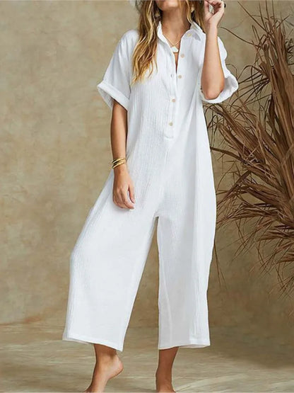Women's Jumpsuit - Lightweight Cotton - Wide-Leg Cropped - Button-Down Collar