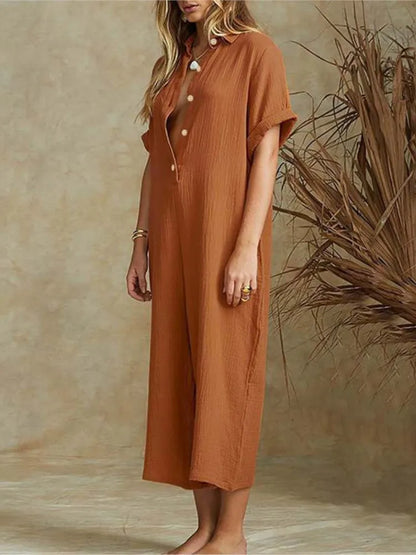 Women's Jumpsuit - Lightweight Cotton - Wide-Leg Cropped - Button-Down Collar