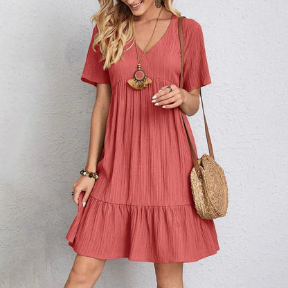 Women's Casual Dress - V-Neck Short Sleeve - Flowy A-Line Tiered Design