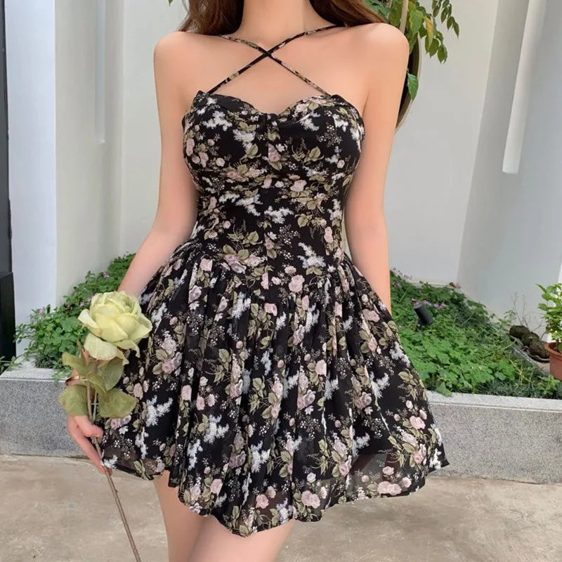 Floral Print Sweetheart Neckline Flared Dress
